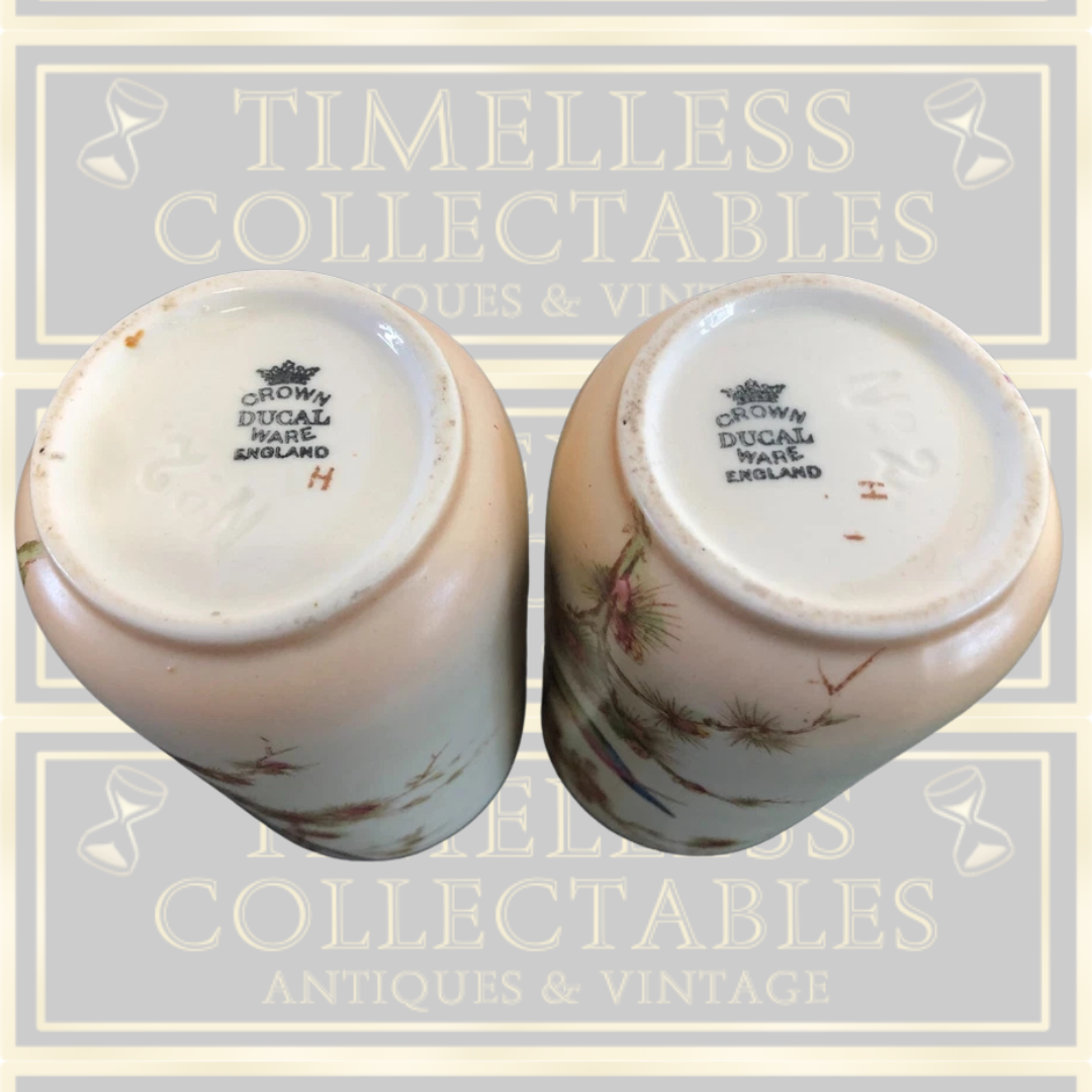 Antique Pair Crown Ducal Blush Ivory Vases Exotic Birds Design