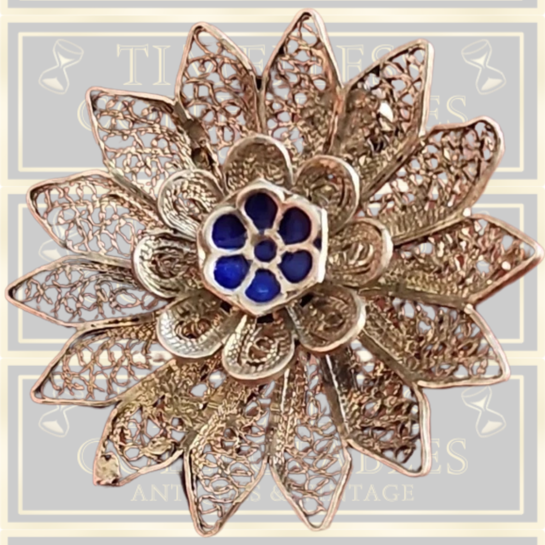 Vintage Sterling Silver Flower Blue Enamel Brooch