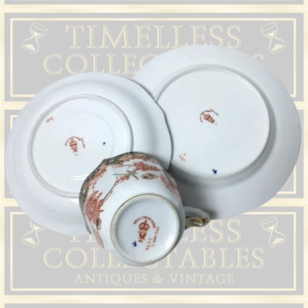 Antique Royal Crown Derby Old Imari demitasse cup, saucer and plate trio