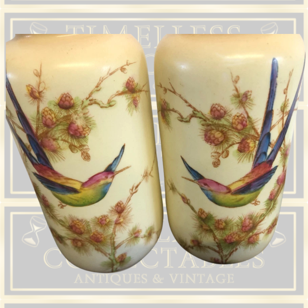 Antique Pair Crown Ducal Blush Ivory Vases Exotic Birds Design