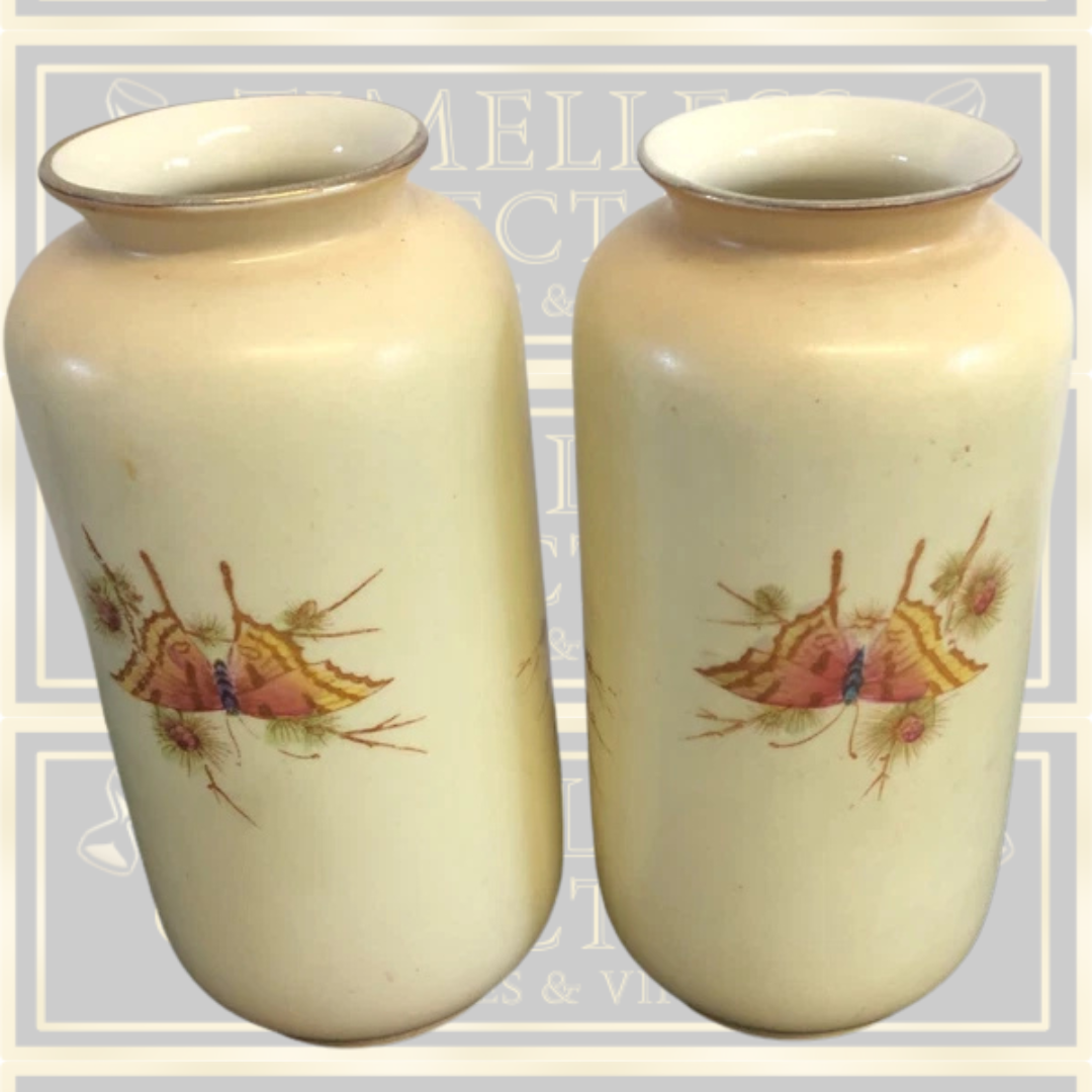 Antique Pair Crown Ducal Blush Ivory Vases Exotic Birds Design
