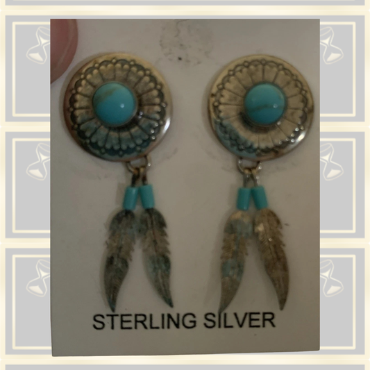 Vintage Native American Sterling Silver Turquoise Earrings With Feathers