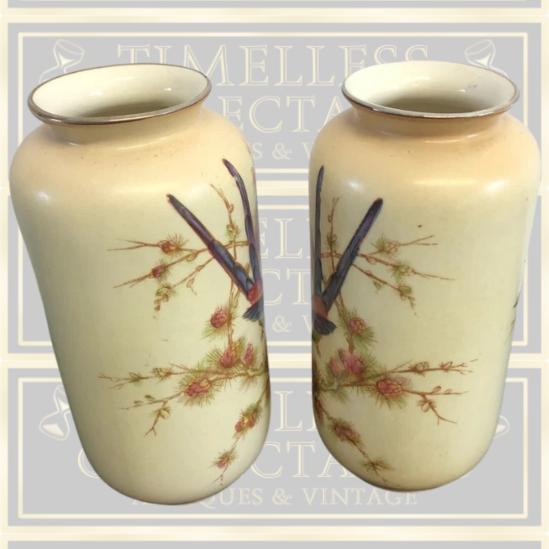 Antique Pair Crown Ducal Blush Ivory Vases Exotic Birds Design