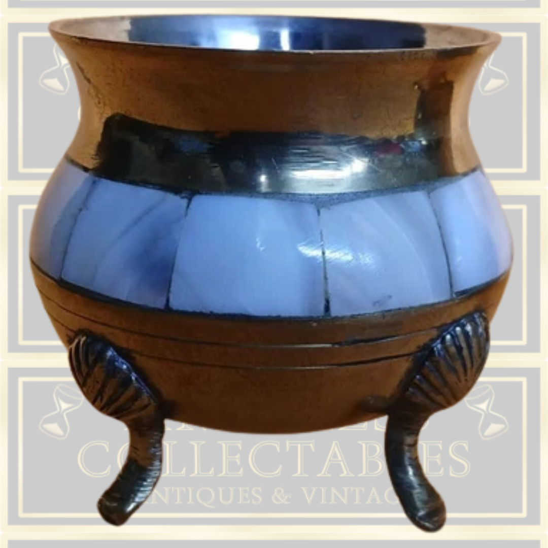 Vintage Brass Milk Jug And Sugar Bowl With Mother Of Pearl Matching tray.