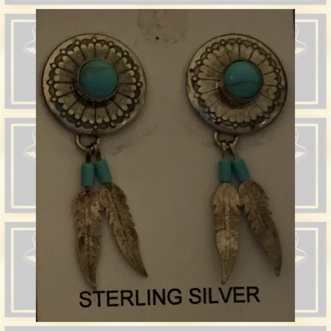 Vintage Native American Sterling Silver Turquoise Earrings With Feathers