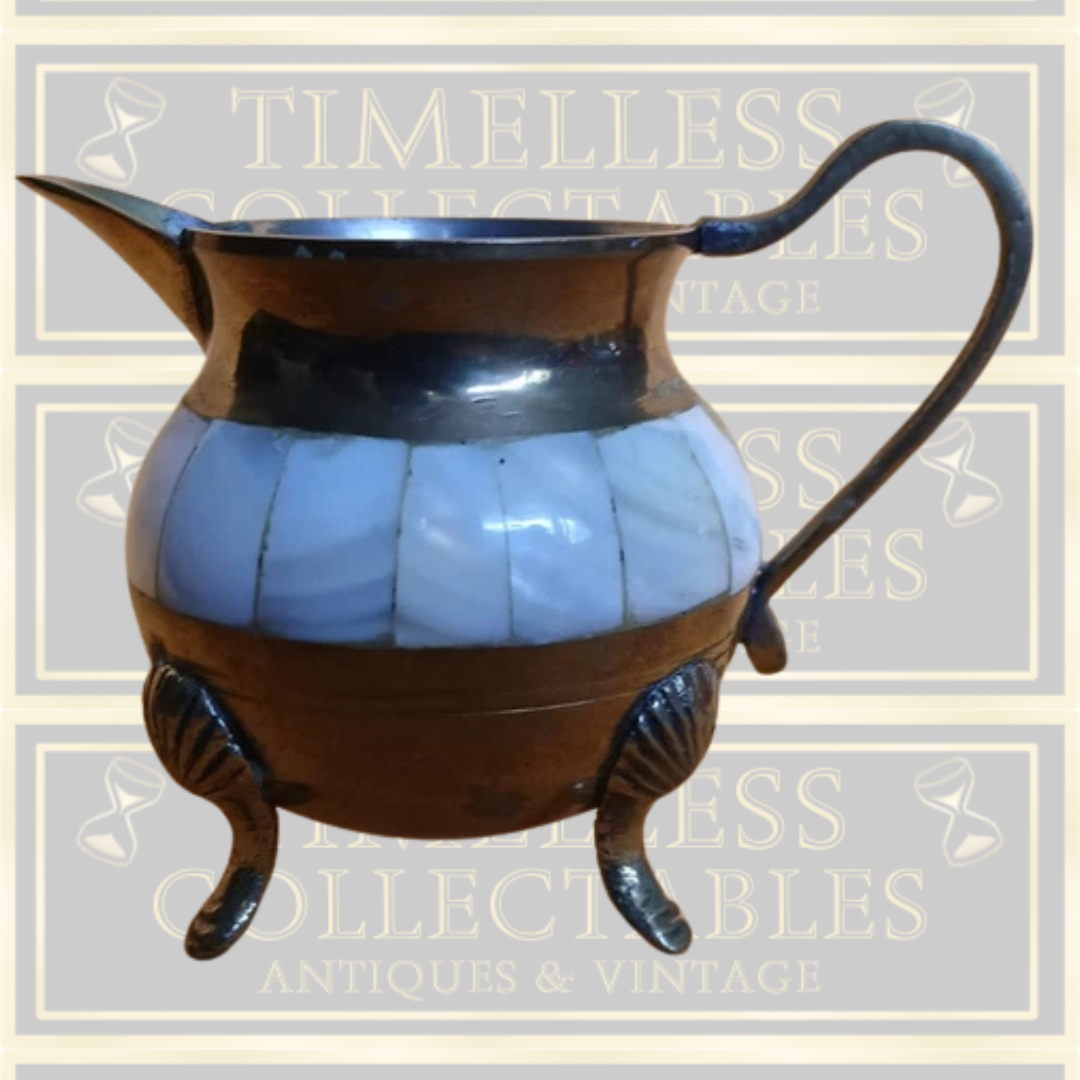 Vintage Brass Milk Jug And Sugar Bowl With Mother Of Pearl Matching tray.