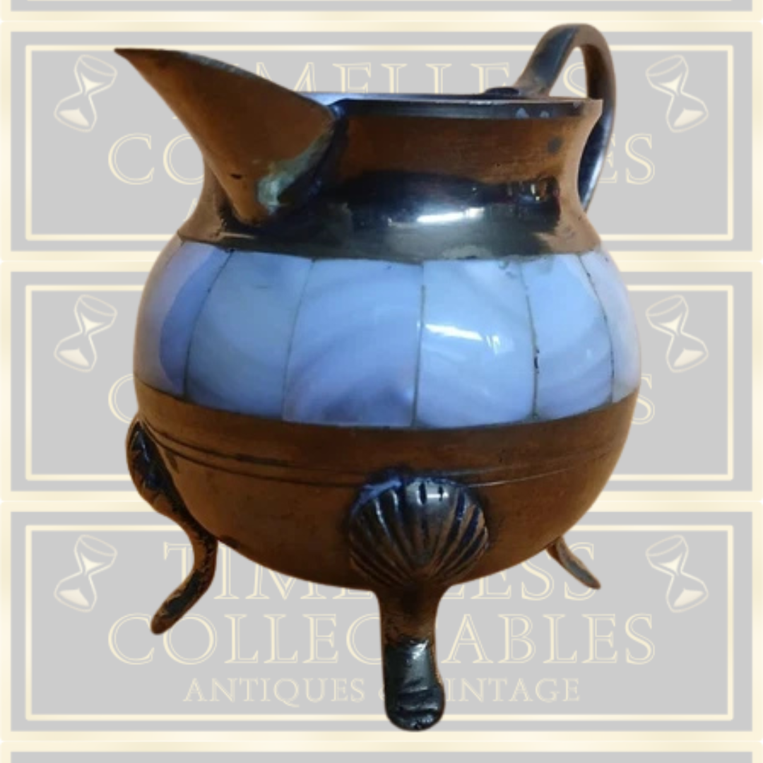 Vintage Brass Milk Jug And Sugar Bowl With Mother Of Pearl Matching tray.