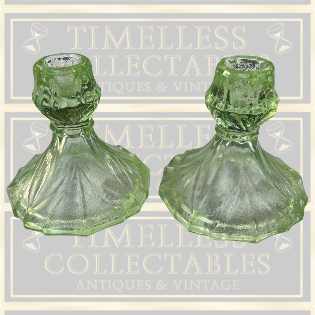 Antique Pair Green Glass Candle Holders