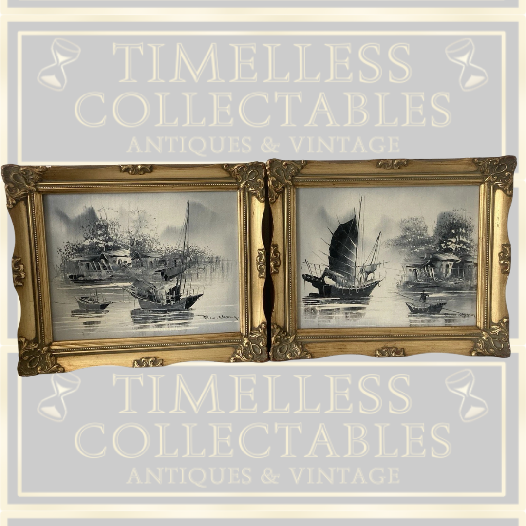 Vintage Pair Chinese Boat Paintings