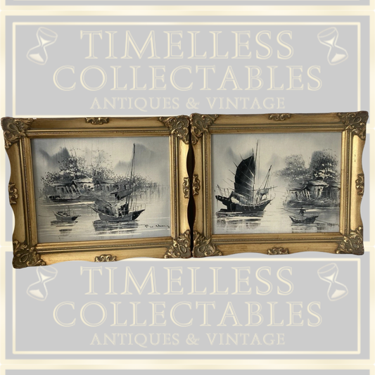 Vintage Pair Chinese Boat Paintings