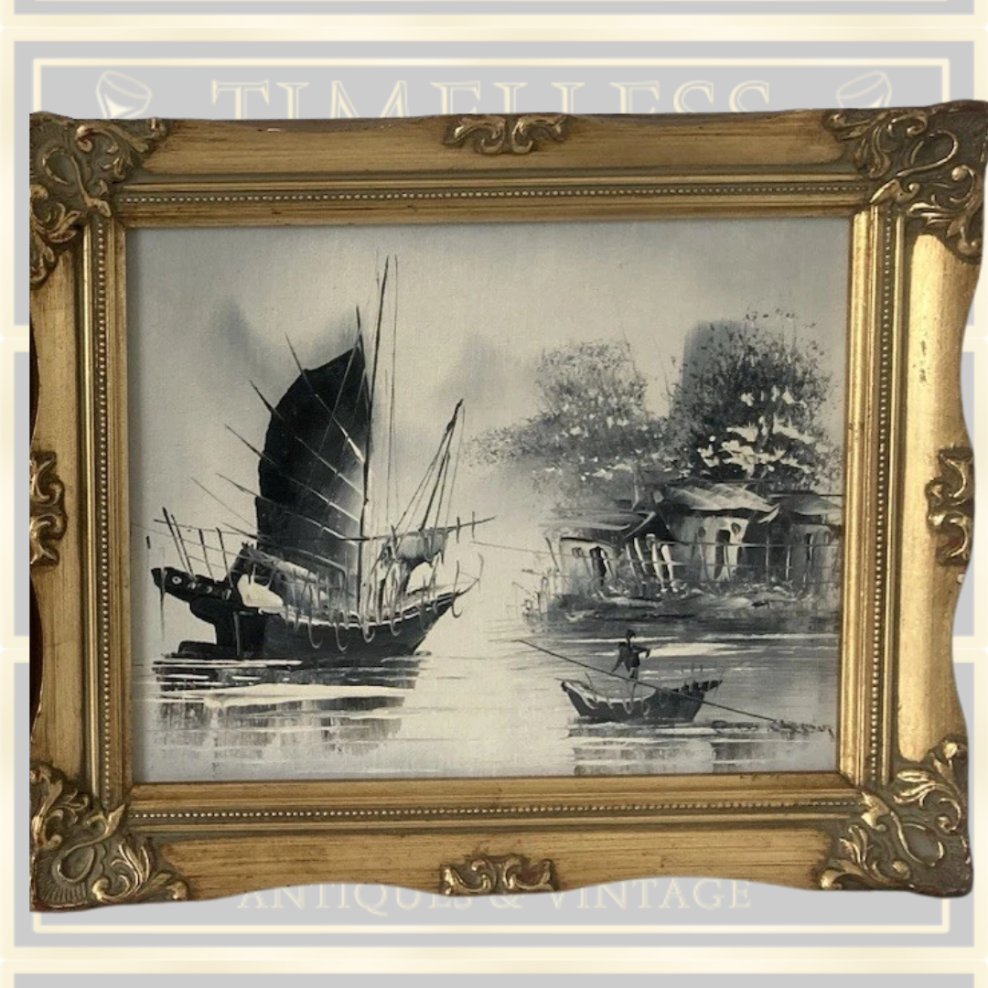 Vintage Pair Chinese Boat Paintings