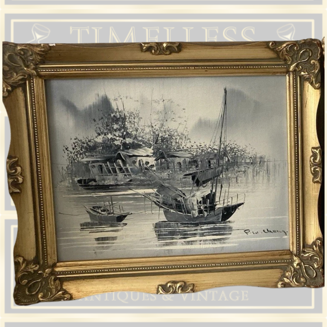 Vintage Pair Chinese Boat Paintings