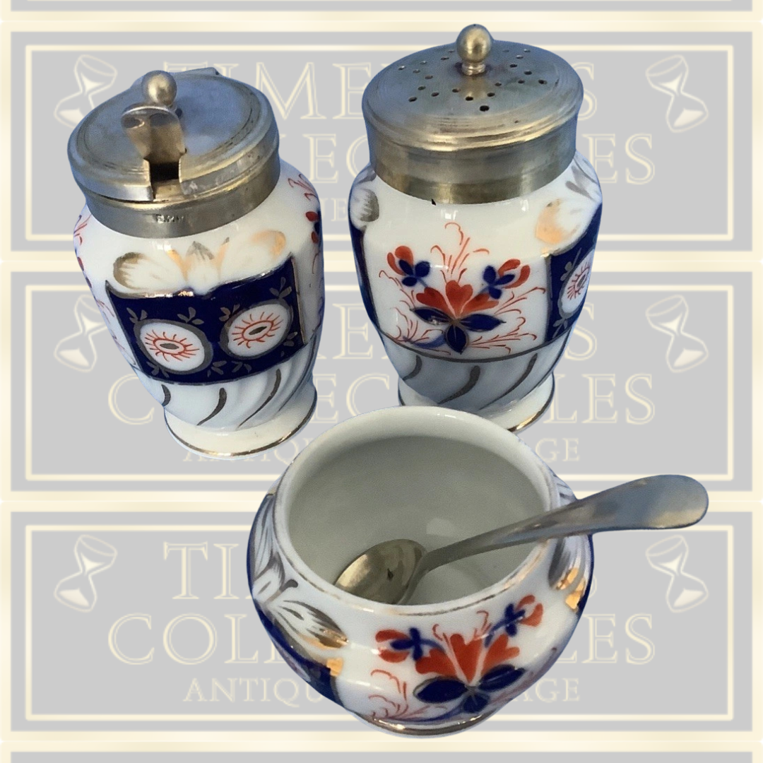 Antique Imari Pattern Cruet Set piece With Spoons