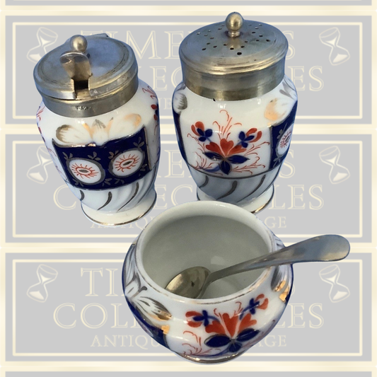 Antique Imari Pattern Cruet Set piece With Spoons