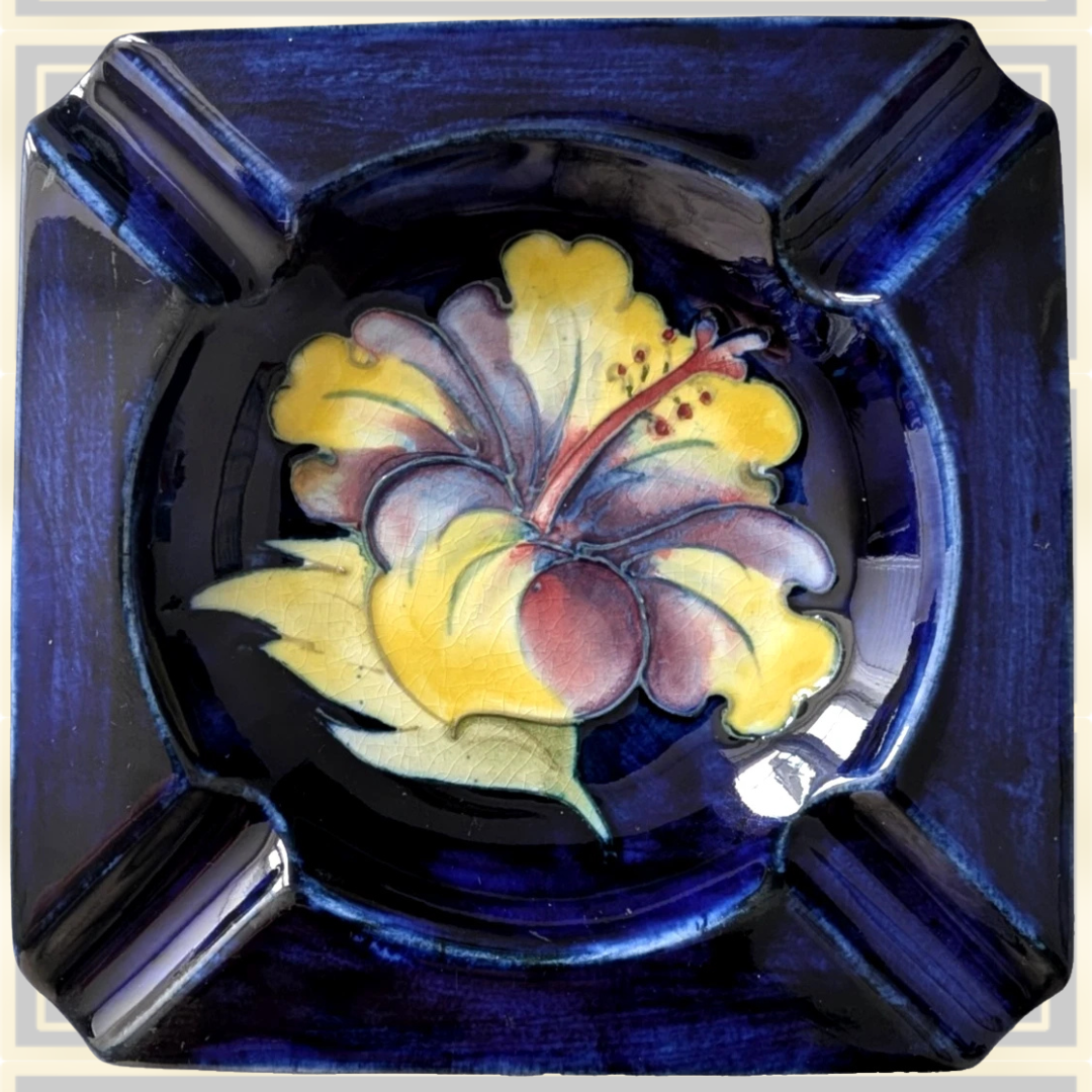 Vintage Moorcroft Pottery Ashtray Hibiscus Flower Pattern