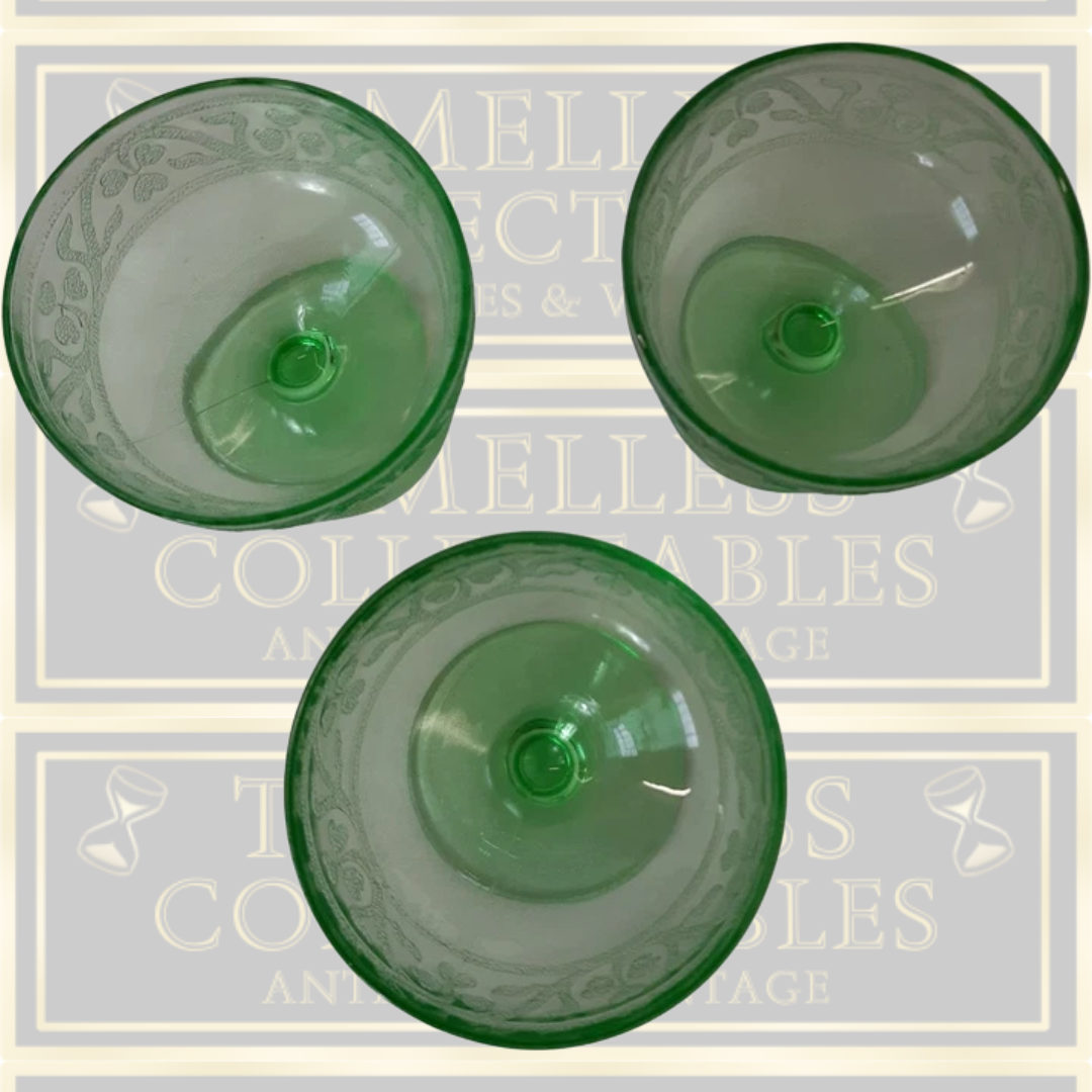 Antique Three Green Uranium Depression Glass Cloverleaf Pattern Bowls