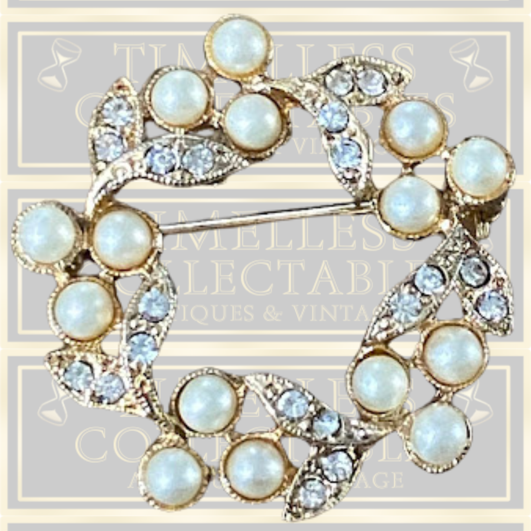 Vintage Carol Lee Faux Pearls Rhinestones Wreath Brooch