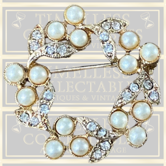 Vintage Carol Lee Faux Pearls Rhinestones Wreath Brooch