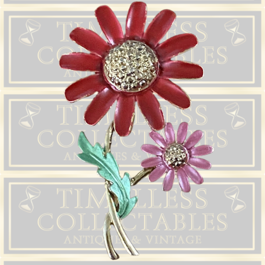 Vintage Red & Pink Enamel Daisy Flower Pin