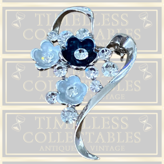 Vintage Crystal & Alloy Brooch With Blue Enamel Clear Floral Design