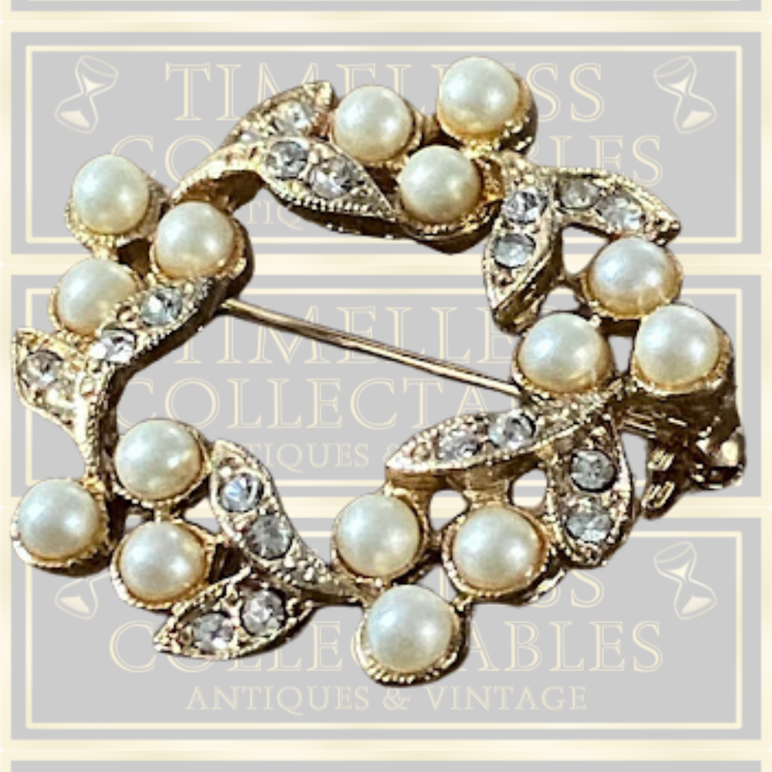 Vintage Carol Lee Faux Pearls Rhinestones Wreath Brooch