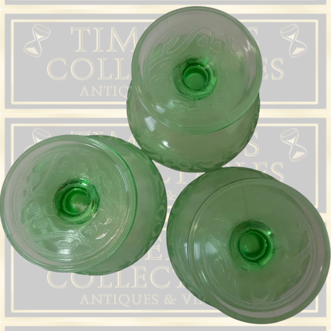Antique Three Green Uranium Depression Glass Cloverleaf Pattern Bowls