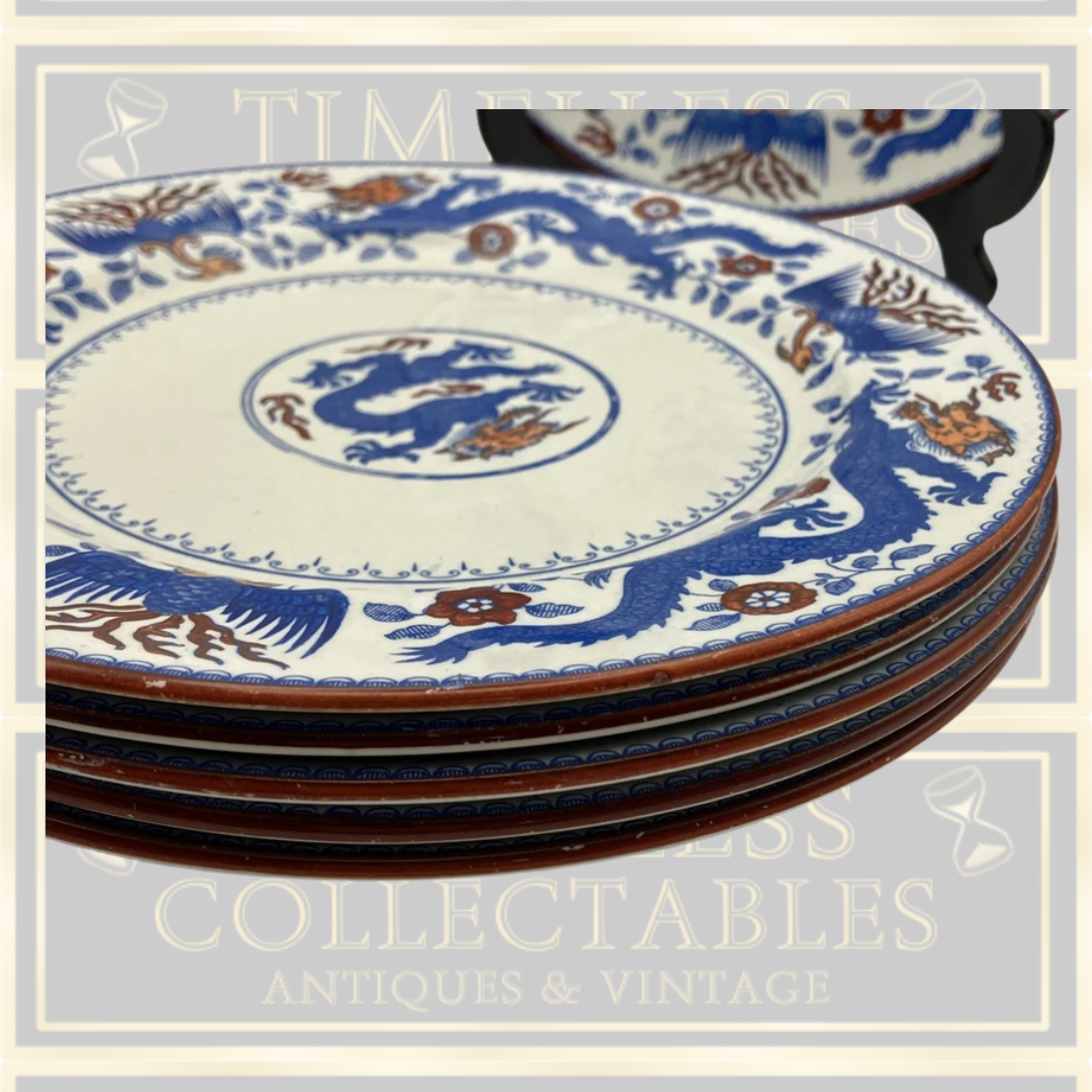 Six Antique 1853 Minton Clayware Chinese Dragon & Bird Design Plate