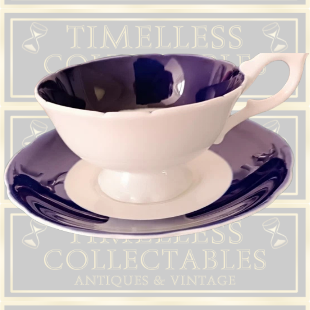 Antique Coalport Cobalt Blue Scalloped Teacup & Saucer