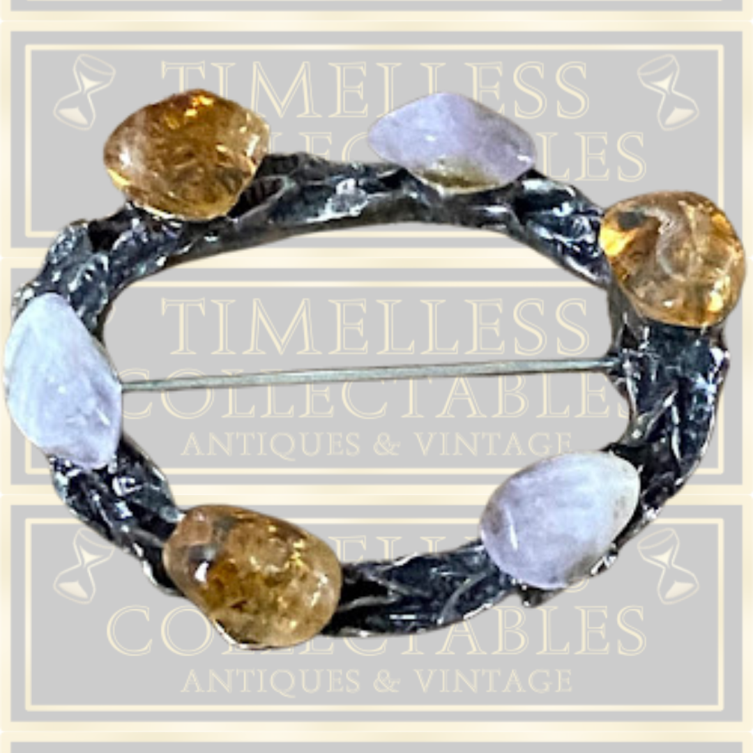 Vintage Scottish Silver Agate Brutalist Gemstone Brooch