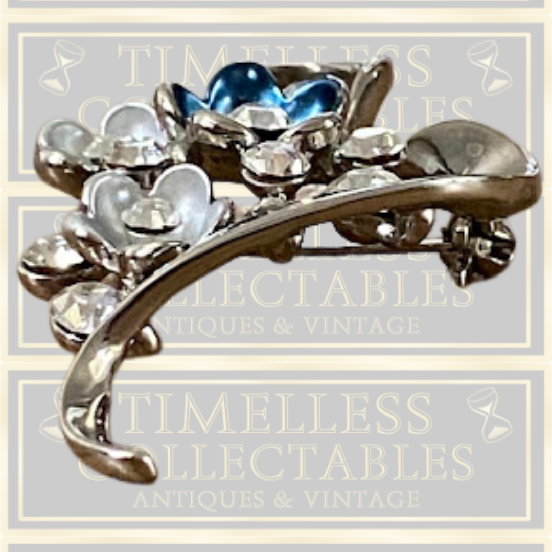 Vintage Crystal & Alloy Brooch With Blue Enamel Clear Floral Design