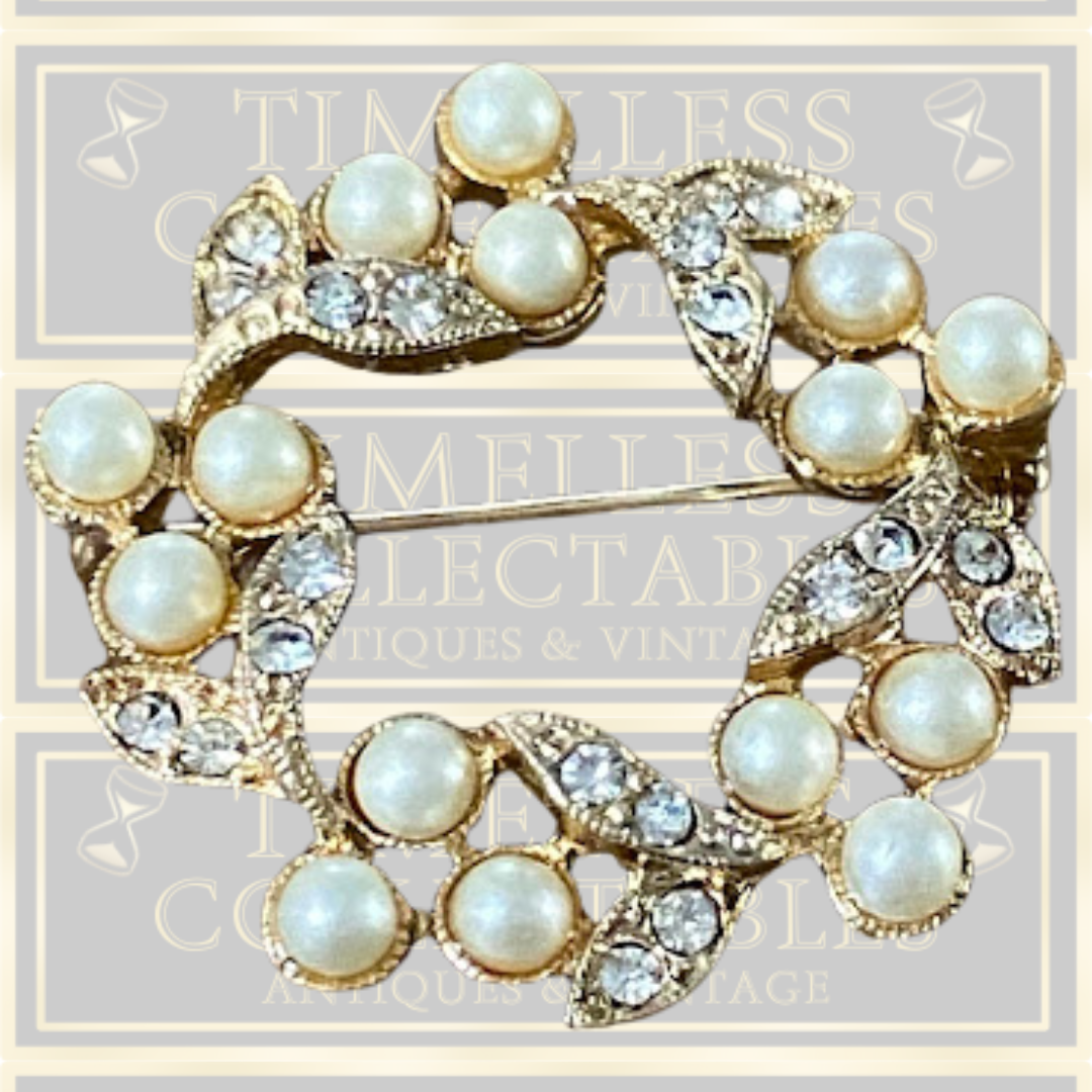 Vintage Carol Lee Faux Pearls Rhinestones Wreath Brooch