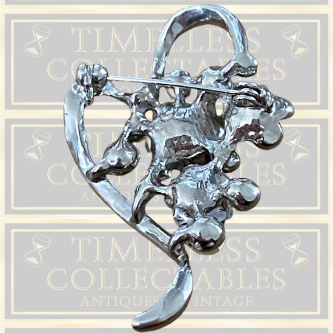 Vintage Crystal & Alloy Brooch With Blue Enamel Clear Floral Design