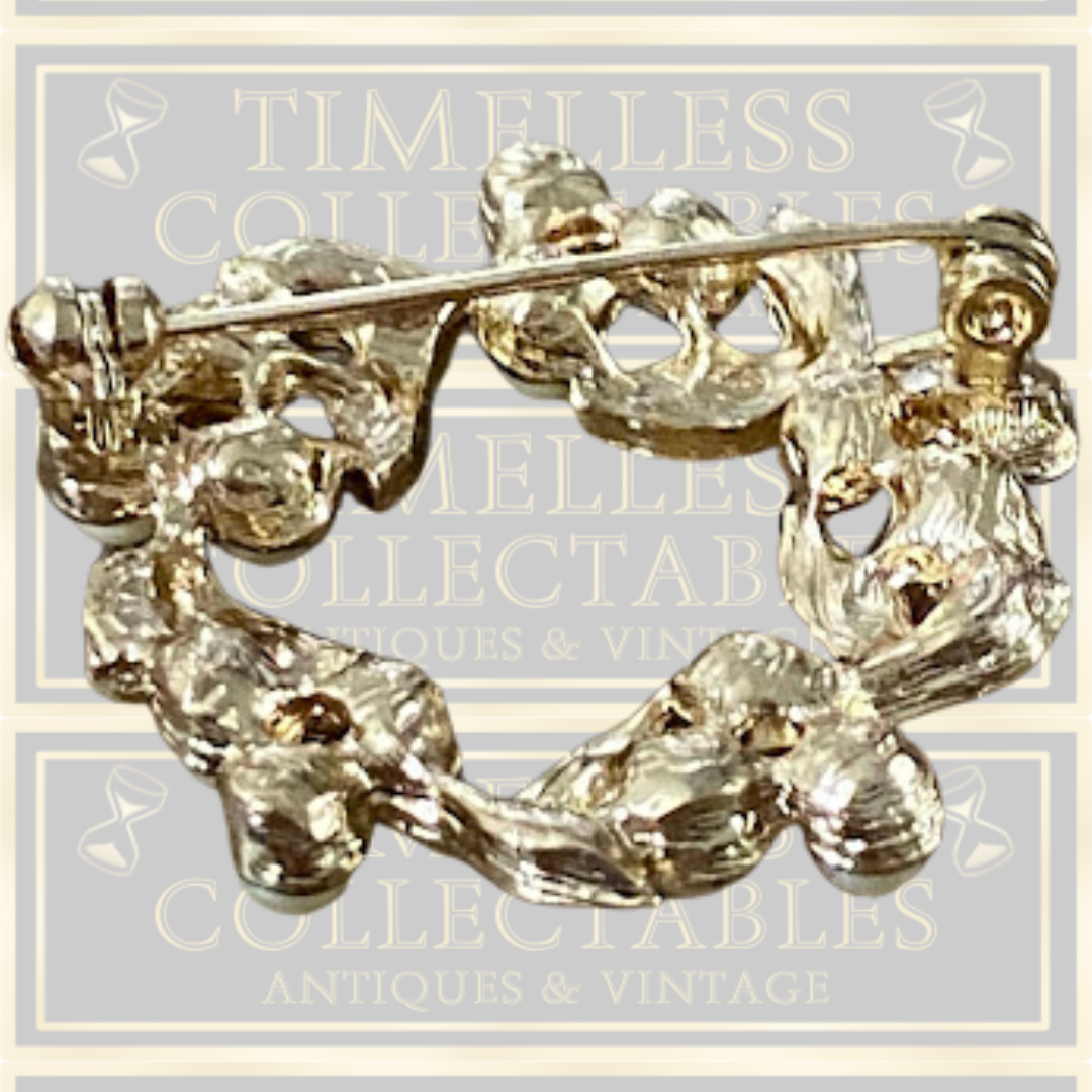 Vintage Carol Lee Faux Pearls Rhinestones Wreath Brooch