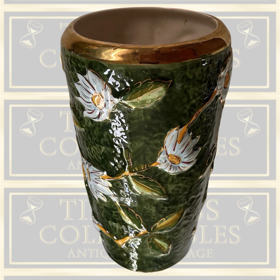 Vintage Green Floral Majolica Style Vase