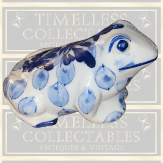 Vintage Blue White Delft Leaf Pattern Ceramic Frog Ornament