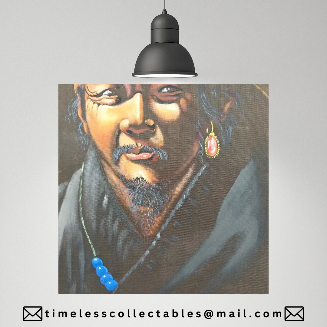 Vintage Tibetan Portrait Of A Old Man On Black Silk